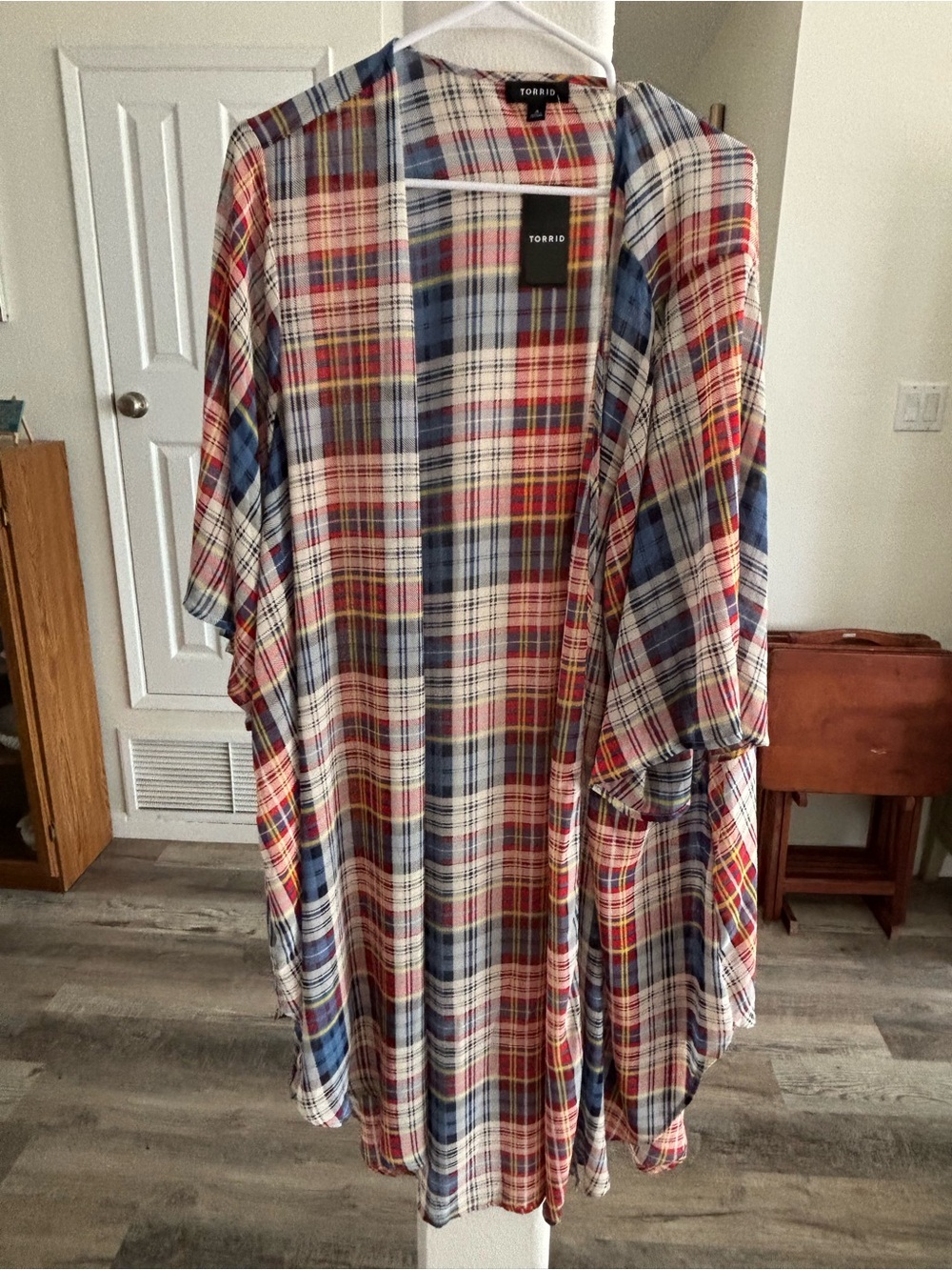 torrid Plaid Open-Front Kimono in Red, Blue, Yellow